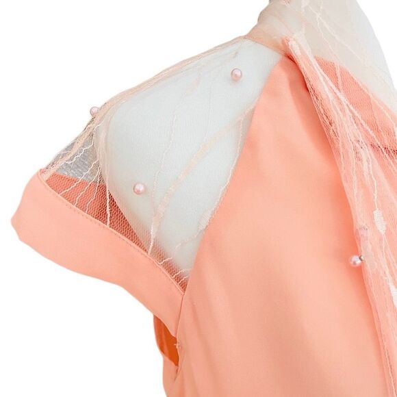 MUGLER peach blouse with front lace & pearl tie, lace shoulders size 6. - Picture 5 of 9